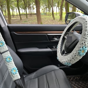 Car Steering Wheel Cover,Crochet 3D Daisy Steering Wheel Cover,Flower seat belt Cover,Cute Steering Wheel Cover,Car Accessories