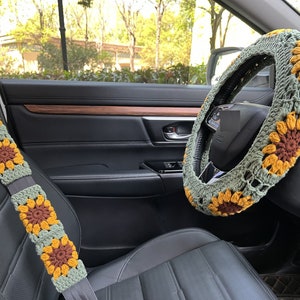 Steering Wheel Cover,Crochet Sunflower Steering Wheel Cover, seat belt Cover,Cute Steering Wheel Cover,Car interior Accessories decorations