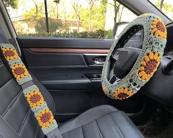 Steering Wheel Cover,Crochet Sunflower Steering Wheel Cover, seat belt Cover,Cute Steering Wheel Cover,Car interior Accessories decorations