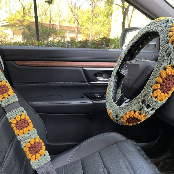 Crochet Sunflower Steering Wheel Cover: Car Interior Accessories