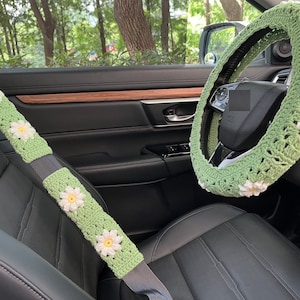 Car Steering Wheel Cover,Crochet 3D Daisy Steering Wheel Cover,Flower seat belt Cover,Cute Steering Wheel Cover,Car Accessories