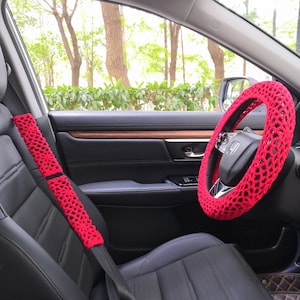 Crochet Steering Wheel Cover, Solid Color Steering Wheel Cover,Crochet Seat Belt Cover,Red Steering Wheel Cover,Crochet car accessories