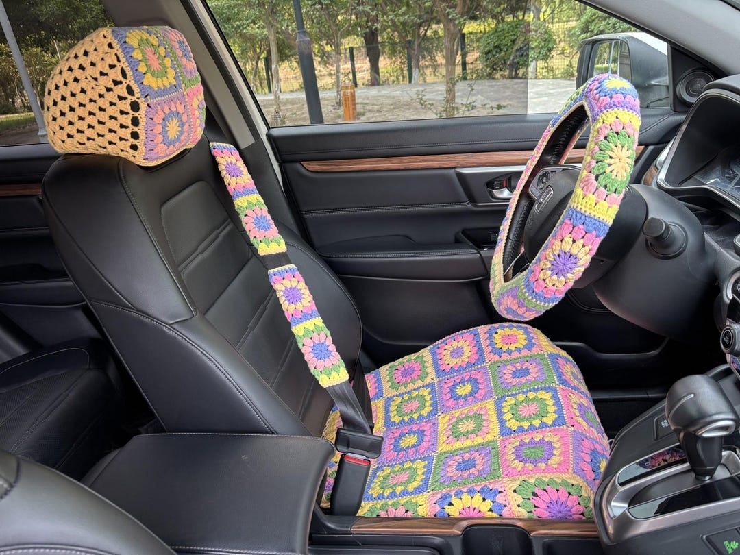 Crochet Sunflower Car Seat Cover Set: Universal Fit, Handmade
