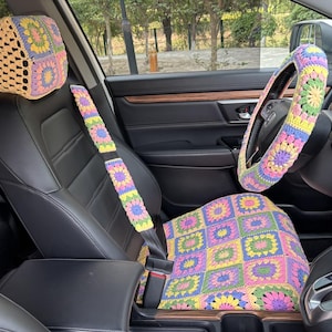 Funda de asiento de coche, funda de cojín delantero inferior con diseño de girasol de ganchillo, funda de reposacabezas, ajuste universal para vehículos, sedanes, SUV y furgonetas, fundas decorativas para coche.