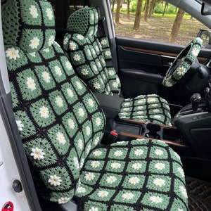 Car Seat Covers,Handmade Crochet 3D Daisy Seat covers,Car Front Seat Headrest Covers Car Accessories Gifts,Car Decor Covers