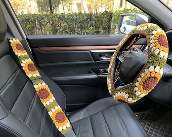 Housse de volant de voiture tournesol, Housse de volant au crochet, Housse de ceinture de sécurité à fleurs, Housse de volant mignonne, Accessoires de voiture