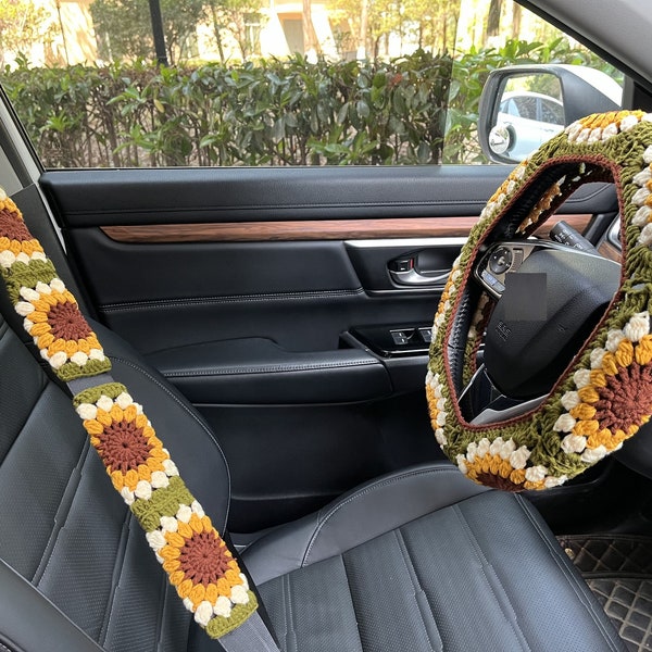Set gehaakte zonnebloem autostuurhoes en gordelhoes