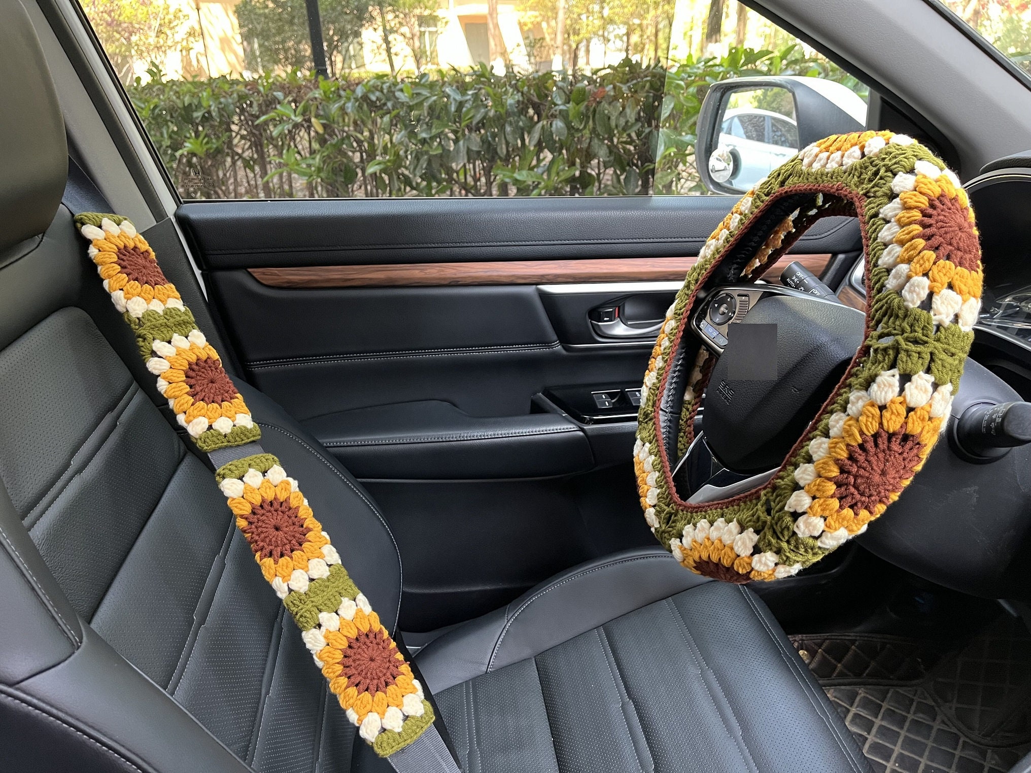 Sonnenblumen Auto Steuerrad Hülle,Gehäkelte Steuerrad Hülle,Blumen Gurthülle,Süße Steuerrad Hülle,Auto Zubehör