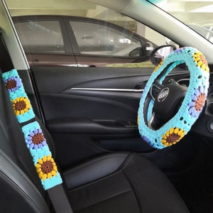 Steering Wheel Cover,Crochet Steering Wheel Cover,Sunflower Steering Wheel Cover,Sunflower Seat Belt Cover,Steering Wheel Cover For Women