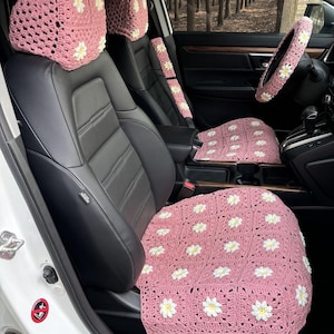 Funda de asiento de coche con margaritas de ganchillo, funda de cojín para asiento delantero inferior, funda de volante con margaritas, funda de reposacabezas de coche con margaritas, bonita funda para cinturón de seguridad
