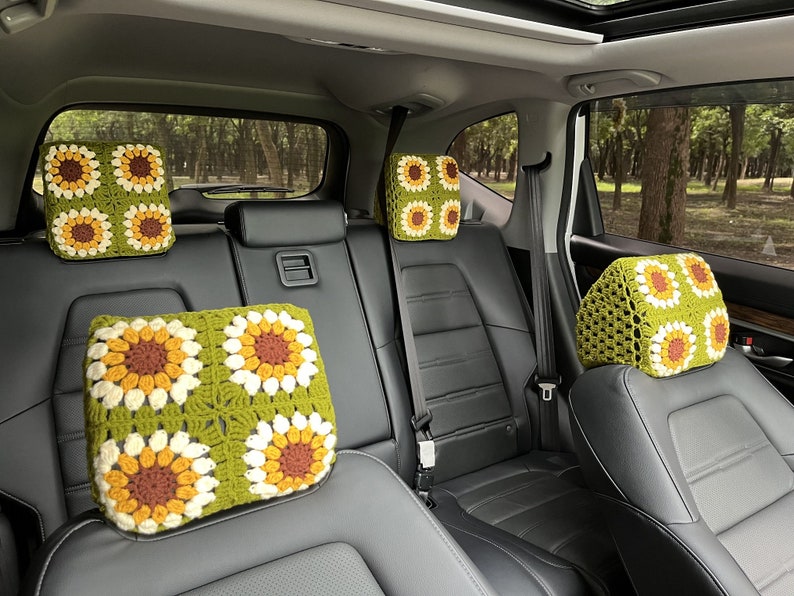 Handmade Crochet Sunflower Car Headrest Cover: Colorful Car Decor C: 4 headrest cover