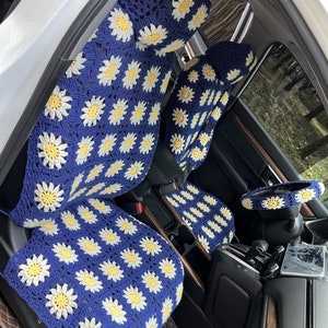 Fundas de asiento de coche de ganchillo, fundas de asiento de girasol de ganchillo hechas a mano, fundas de reposacabezas de asiento delantero de coche accesorios de coche regalos, fundas de decoración de coche