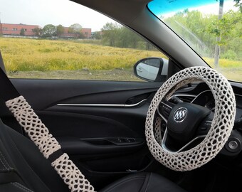 Handmade Crochet Steering Wheel Cover: Beige Car Accessory