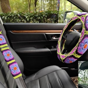 Gehaakte stuurhoes, gordelhoes, bloemenauto-accessoires, Galsang-bloemstuurhoes voor dames en meisje