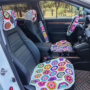 Car Crochet Steering Wheel Cover,Galsang Flower Car headrest cover,Flower Car Seat Covers for Women,Cute Seatbelt Covers