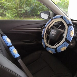 Crochet Daisy Steering Wheel Cover for women with flowers,Steering Wheel Cover,Crochet Steering Wheel Cover,Seat belt cover for car