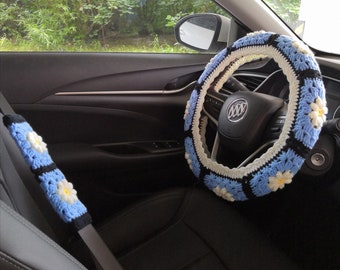 Crochet Daisy Steering Wheel Cover for women with flowers,Steering Wheel Cover,Crochet Steering Wheel Cover,Seat belt cover for car