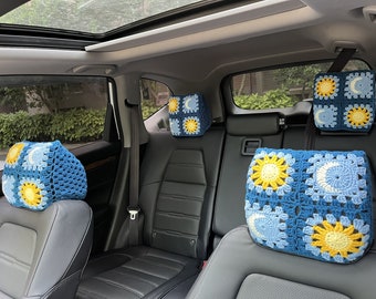 Handmade Crochet Car Headrest Cover: Sun & Moon Design