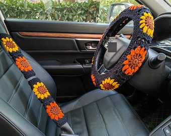 Crochet Steering Wheel Cover,Steering Wheel Cover,Sunflower Crochet Seat Belt Cover,Cute Steering Wheel Cover,Crochet car accessories