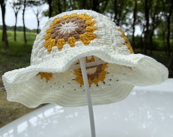 Handmade Crochet Sunflower Bucket Hat: Granny Square Flower Design