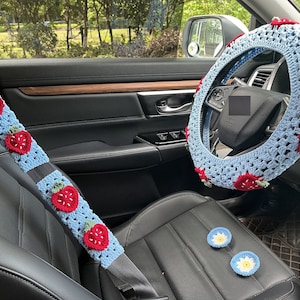 Aardbei auto stuurhoes, gehaakte auto stuurhoes, schattige aardbei gordelhoes, auto-interieur accessoires decoraties