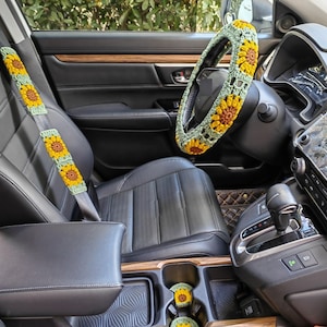 Car Steering Wheel Cover,Sunflower Crochet Seat Belt Cover, Steering Wheel Cover crochet,Women car accessories,Crochet car accessories