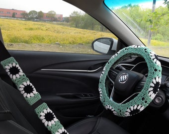 Handmade Crochet Sunflower Steering Wheel Cover: Eco-Friendly Yarn (14-15in)