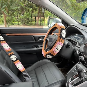 Steering Wheel Cover,Crochet Steering Wheel Cover,Cute Steering Wheel Cover,Skull Seat Belt Cover,Car interior Accessories decorations