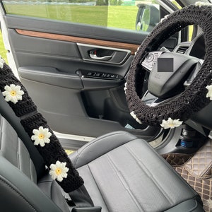 Car Steering Wheel Cover,Crochet Sunflower Steering Wheel Cover For Women,Black Steering Wheel Cover,Cute Steering Wheel Cover