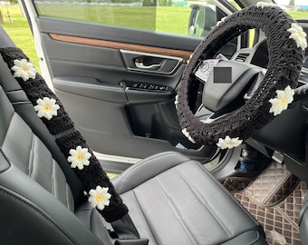 Car Steering Wheel Cover,Crochet Sunflower Steering Wheel Cover For Women,Black Steering Wheel Cover,Cute Steering Wheel Cover