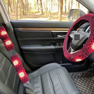 Gehaakte stuurhoes, stuurhoes zonnebloem, hoes gehaakte bloem veiligheidsgordel, auto-accessoires dames