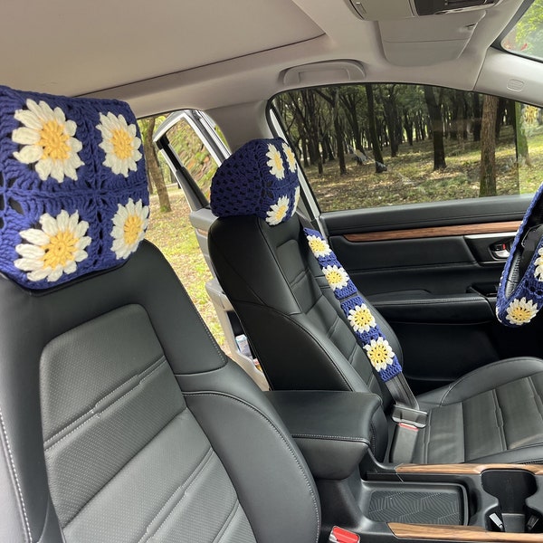 Sunflower Steering Wheel Cover,Crochet Steering Wheel Cover,Flower seat belt Cover,Headrest cover,Cute Steering Wheel Cover,Car Accessories