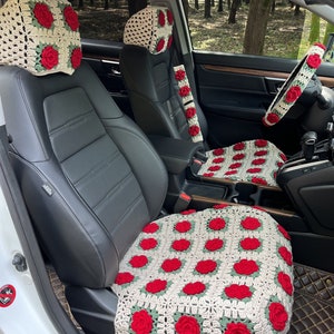 Car Seat Covers,Crochet 3D Roses Flower Seat covers,Steering Wheel Cover,Car Front Seat Headrest Cover Car Accessories Gift,Car Decor Covers