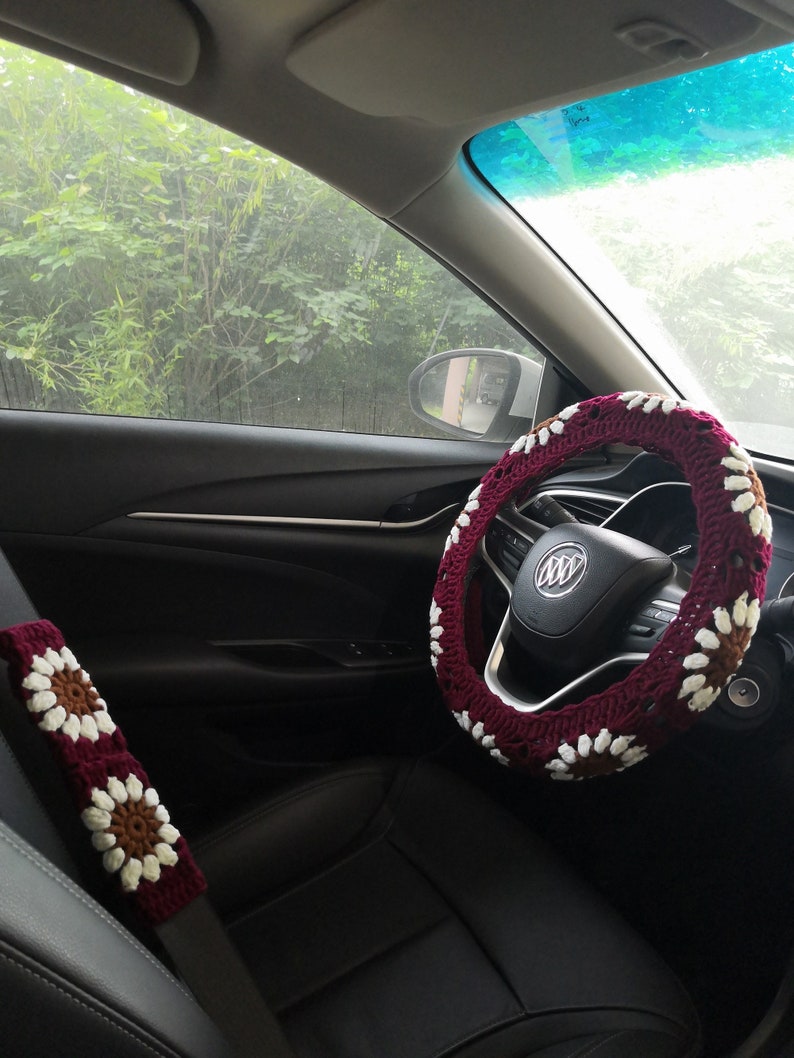 Steering wheel cover,Sunflower steering wheel cover,Crochet steering wheel cover,Seat belt cover,Women car accessories,Seat covers for car image 10