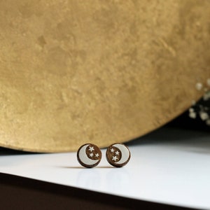Moon and Stars Hand Painted Wooden Earrings  | Stud Earrings | Hypoallergenic Earrings