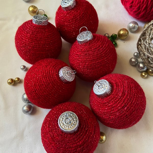 Farmhouse red yarn glass ball Christmas ornaments (set of 6) 3”