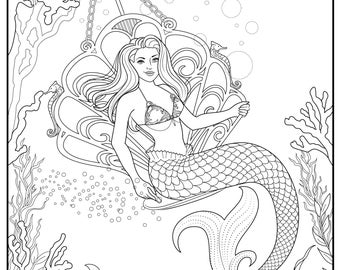 Meerjungfrau auf einer Schaukel Instant Download Malseite