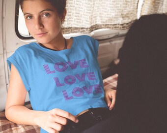 LOVE 3 Tee (Self-love, Eternal, Compassion, Retro Style T-Shirt with Purple Text)