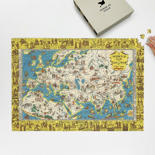 1000 piece puzzle | 1925 Medieval Map Of East And West | Pictorial Map of Europe, Asia, Northern Africa|Frame worthy