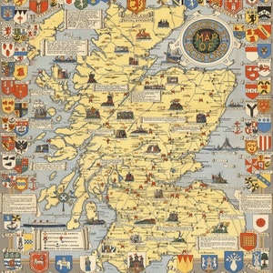 May include: A vintage map of Scotland, featuring a detailed illustration of the country's geography. The map is adorned with numerous family crests and coats of arms, with text that reads "Historical Map of Scotland."