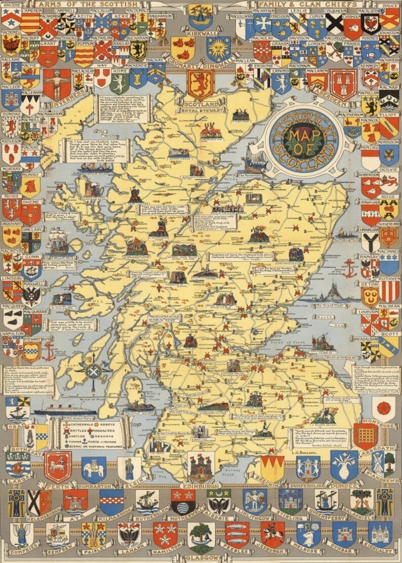 May include: A vintage map of Scotland, featuring a detailed illustration of the country's geography. The map is adorned with numerous family crests and coats of arms, with text that reads "Historical Map of Scotland."
