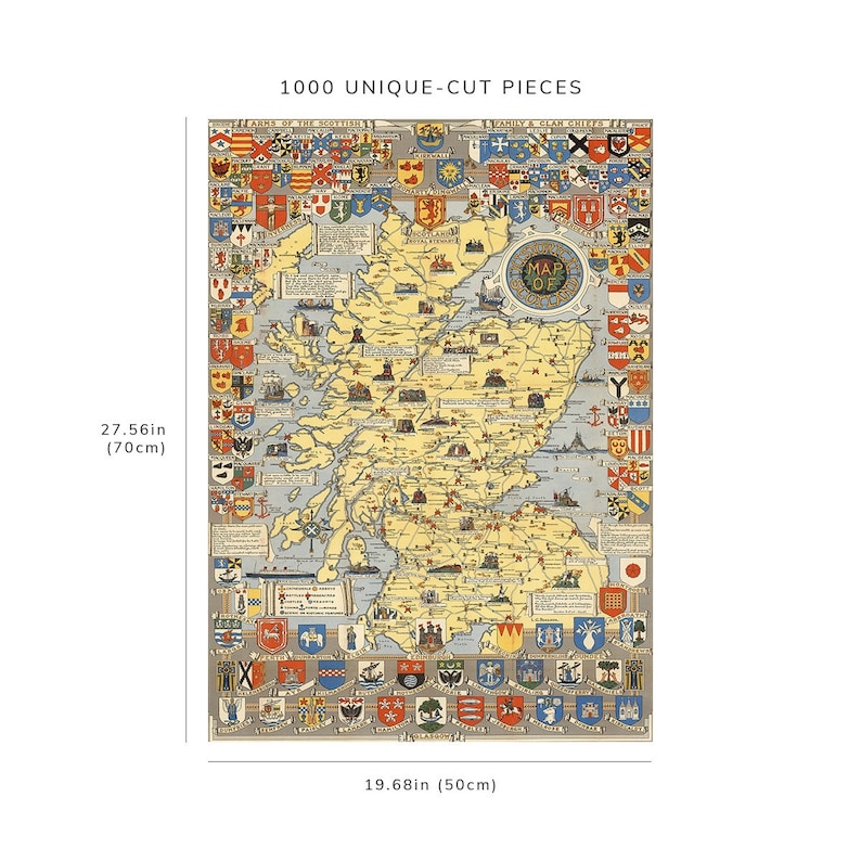 May include: A vintage-style jigsaw puzzle featuring a map of Scotland, surrounded by colorful heraldic crests. The puzzle measures 27.56 inches (70cm) high and 19.68 inches (50cm) wide, with 1000 unique-cut pieces.