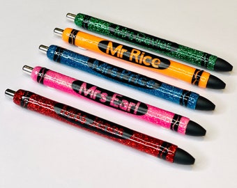 Crayon pen, teacher pen, teacher gift, glitter pen, personalised pen, custom pen, refillable pen, name pen, handmade pen, school gift