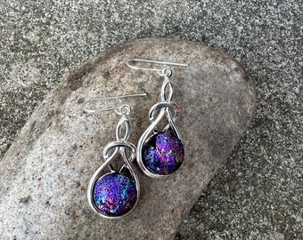 Beautiful Dichroic Glass In A Silver Plated Celtic Knott Design Earrings FREE P&P