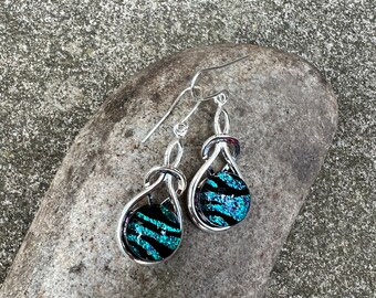 Sparkling Blue / Silver And Black Dichroic Glass In A Silver Plated Celtic Knott Design Earrings FREE P&P