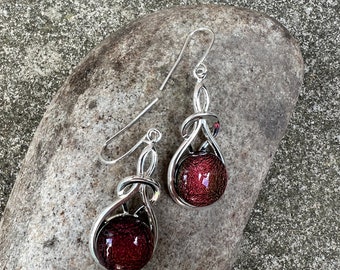 Deep Chestnut Red Sparkling Dichroic Glass In A Silver Plated Celtic Knott Design Earrings FREE P&P