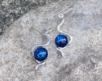 Sparkling Royal Blue Dichroic Glass Set In A Silver Plated Wiggle Design Earrings FREE P&P