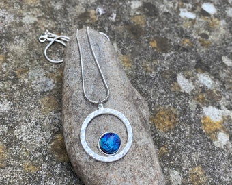 Aquamarine Blue Dichroic Glass In A Hammered Style Silver Plated Pendant FREE P&P