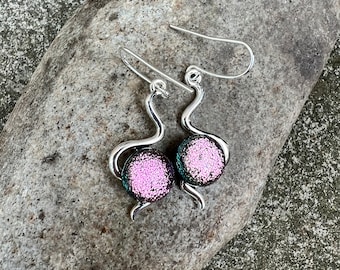 Iridescent Pale Pink Dichroic Glass Set In  Silver Plated Wiggle Design Earrings FREE P&P