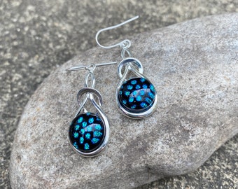 Sparkling Aquamarine Blue Spots On Black Dichroic Glass Set In Silver Plated Celtic Knott Style Design Earrings FREE P&P